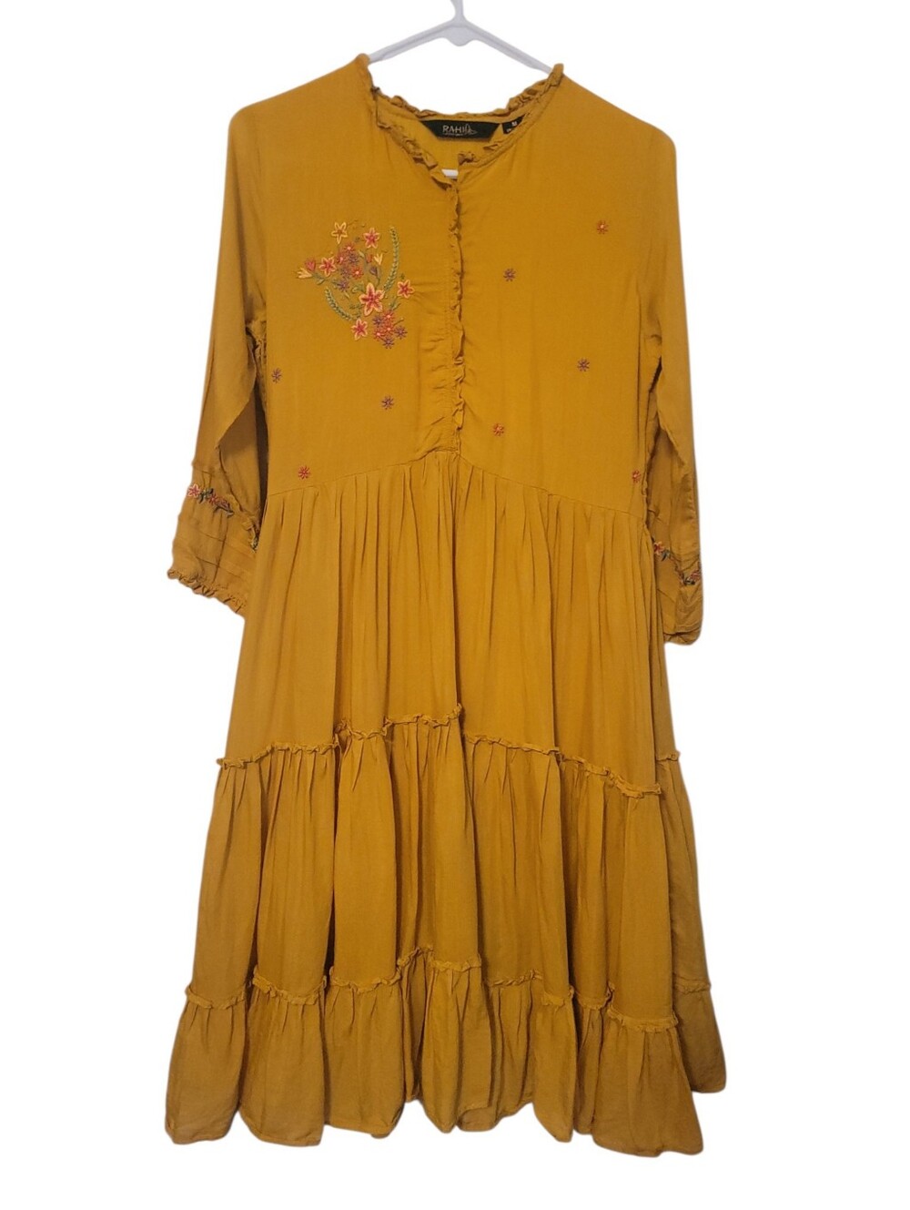 RAHI Anthropologie Embroidered Tiered Maxi Dress Mustard Boho Cottagecore Medium